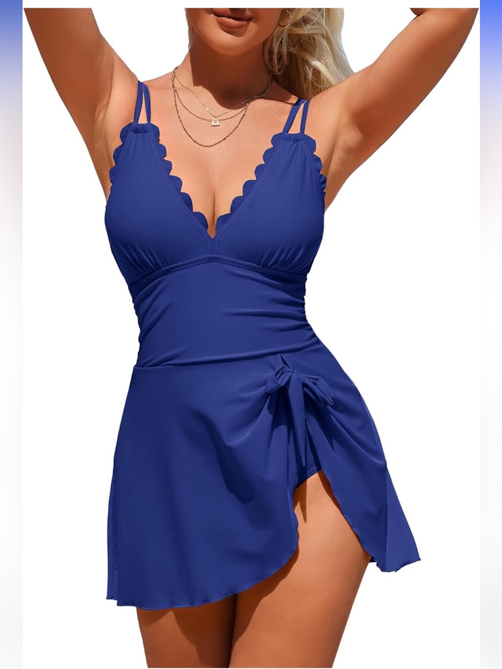 Charmo One Piece Swimsuit Tummy Control Scalloped Modest Tie Knot Swim Dress nwt
